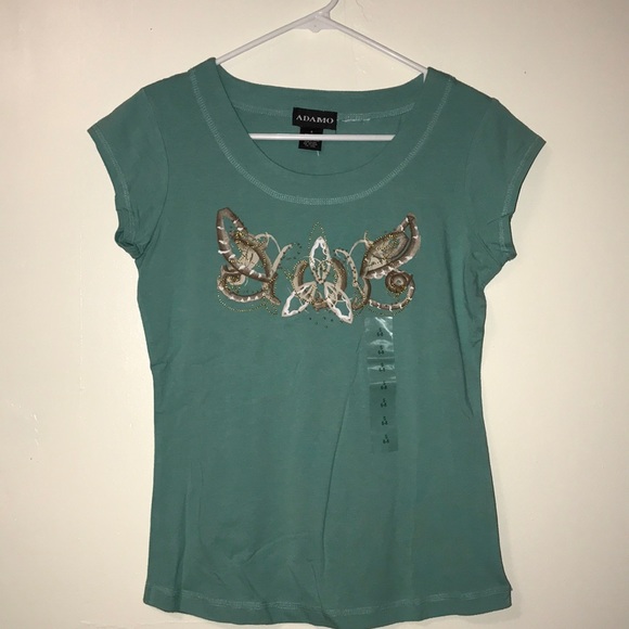 Tiffany blue beaded butterfly short sleeve blouse - Picture 1 of 6